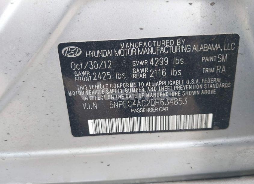 Photo 9 of 2013 Hyundai Sonata LIMITED (VIN 5NPEC4AC2DH634853)