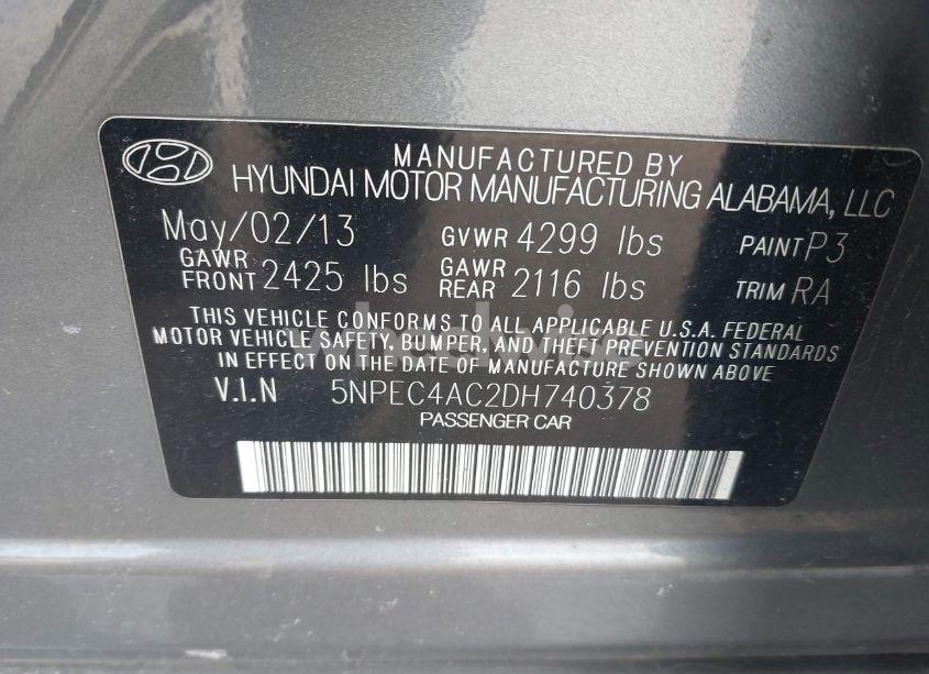 Photo 9 of 2013 Hyundai Sonata SE (VIN 5NPEC4AC2DH740378)