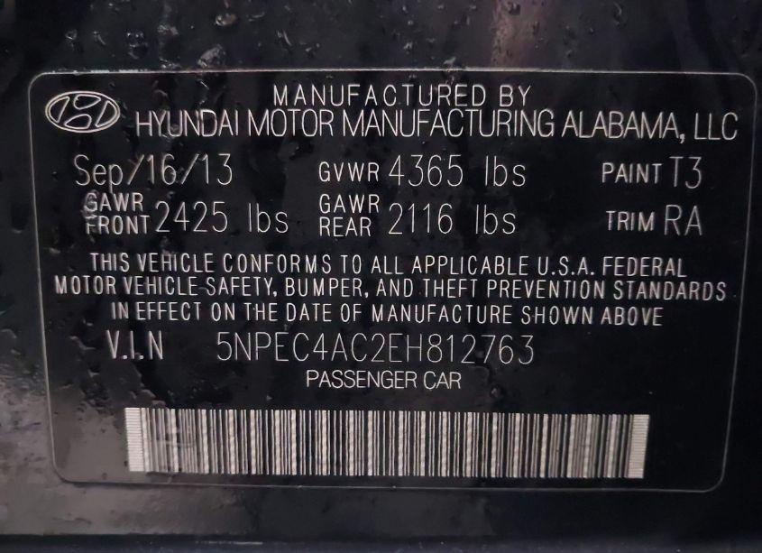 Photo 9 of 2014 Hyundai Sonata SE (VIN 5NPEC4AC2EH812763)