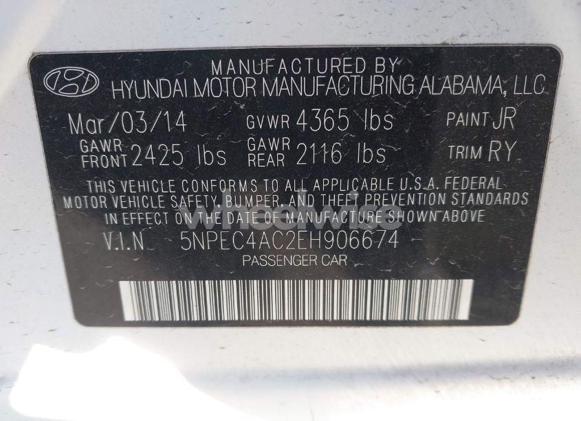Photo 9 of 2014 Hyundai Sonata SE (VIN 5NPEC4AC2EH906674)