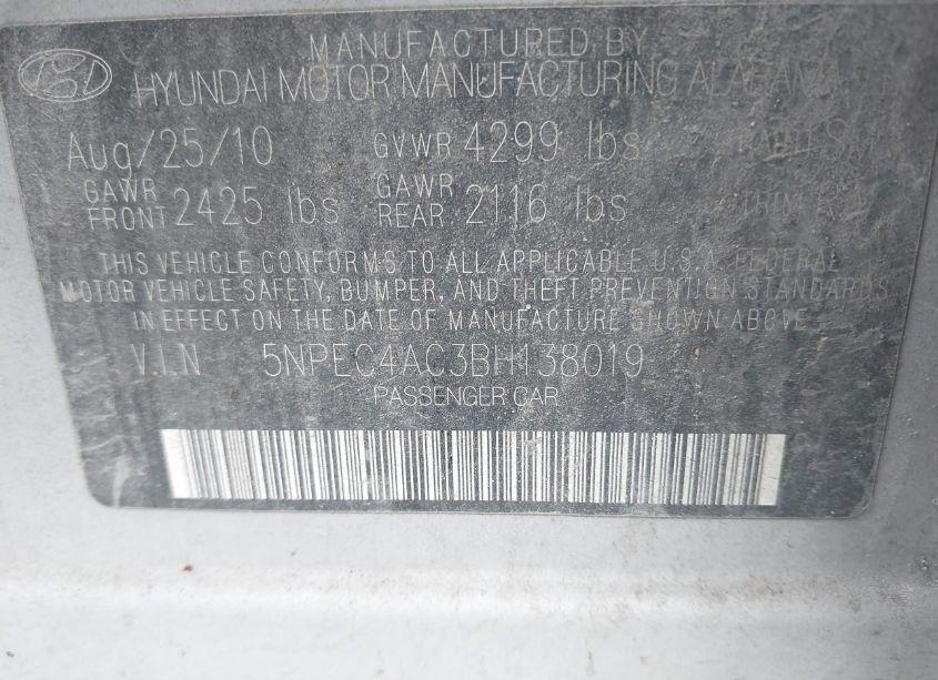 Photo 9 of 2011 Hyundai Sonata SE (VIN 5NPEC4AC3BH138019)