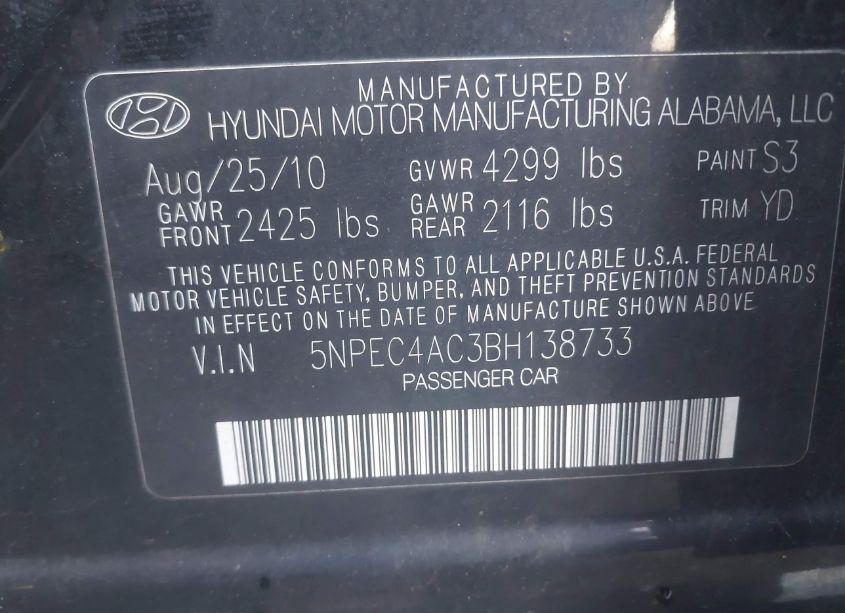 Photo 9 of 2011 Hyundai Sonata LIMITED (VIN 5NPEC4AC3BH138733)