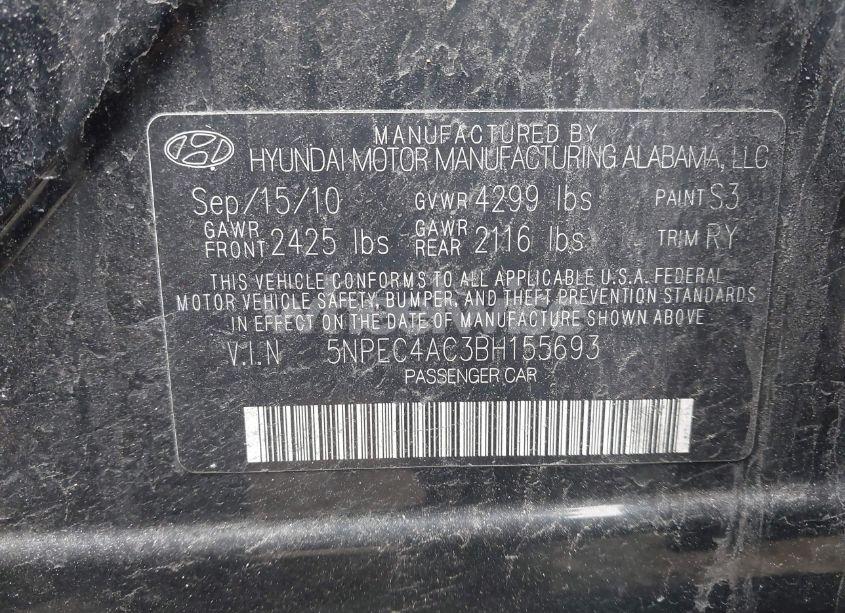 Photo 9 of 2011 Hyundai Sonata SE (VIN 5NPEC4AC3BH155693)