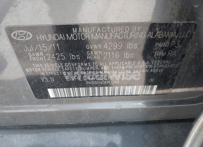 Photo 9 of 2012 Hyundai Sonata LIMITED (VIN 5NPEC4AC3CH333474)