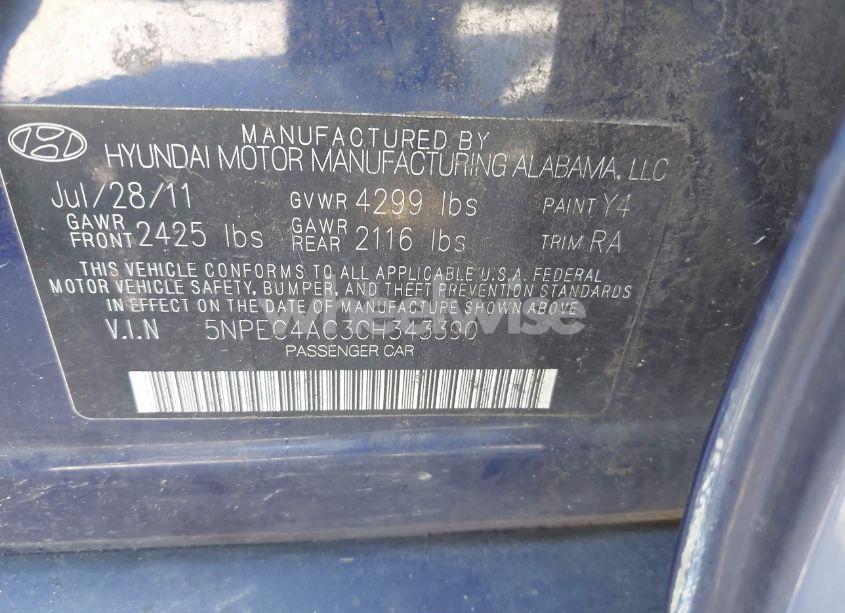 Photo 9 of 2012 Hyundai Sonata 2.4L LIMITED (VIN 5NPEC4AC3CH343390)