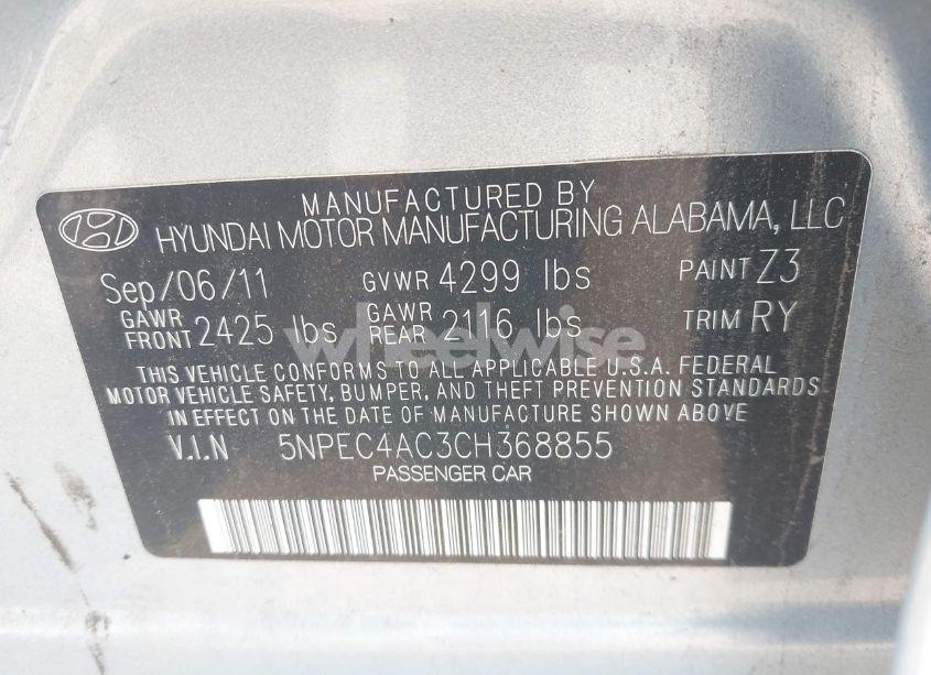Photo 9 of 2012 Hyundai Sonata SE (VIN 5NPEC4AC3CH368855)