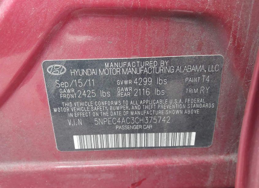 Photo 9 of 2012 Hyundai Sonata SE (VIN 5NPEC4AC3CH375742)