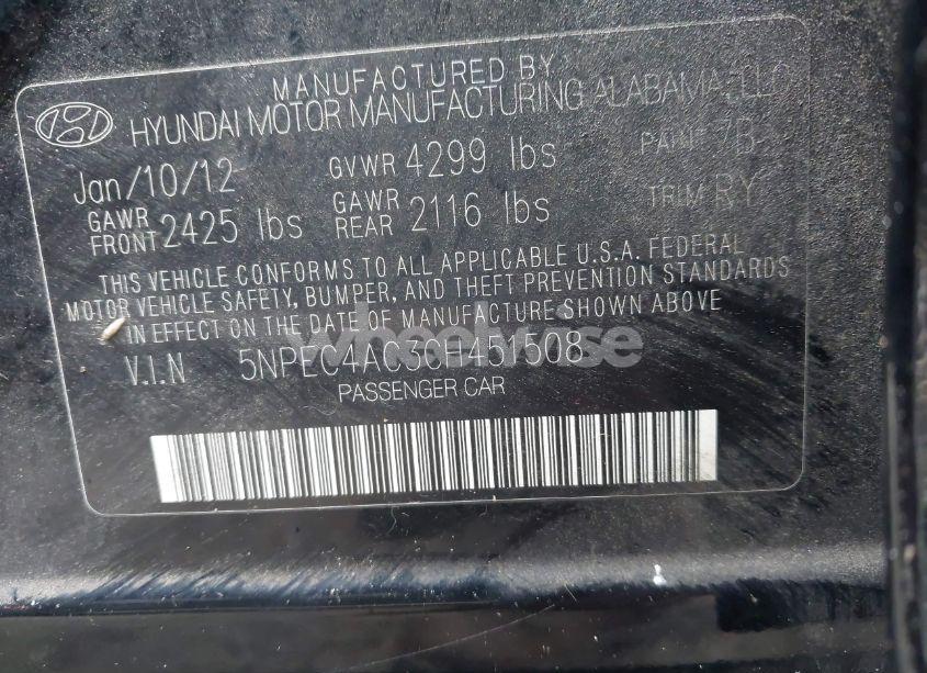 Photo 9 of 2012 Hyundai Sonata SE (VIN 5NPEC4AC3CH451508)