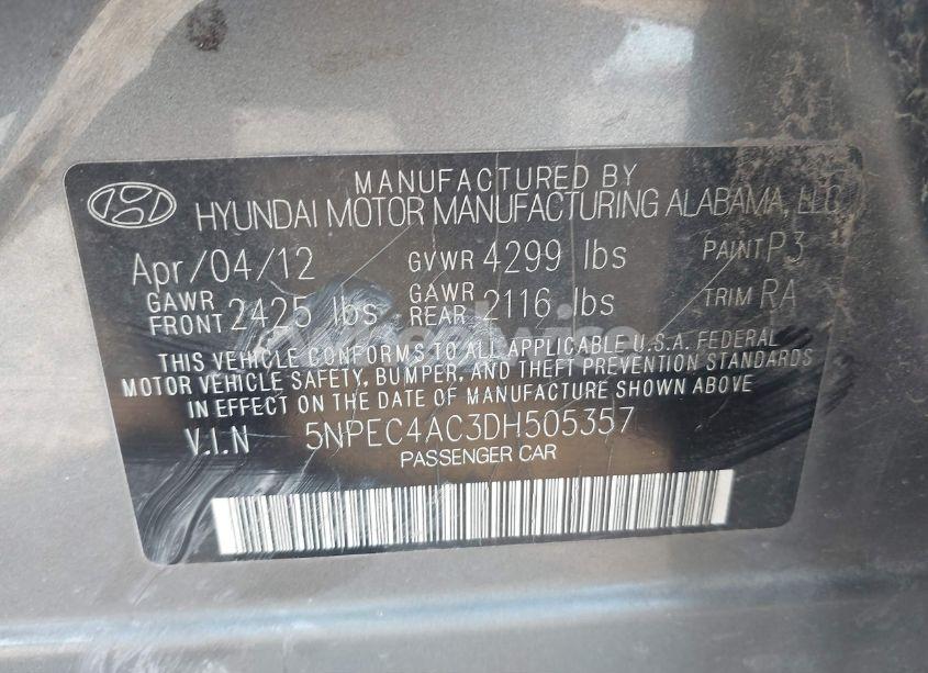 Photo 9 of 2013 Hyundai Sonata SE (VIN 5NPEC4AC3DH505357)
