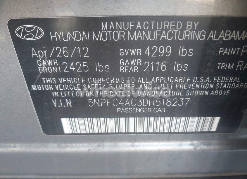 Photo 9 of 2013 Hyundai Sonata SE (VIN 5NPEC4AC3DH518237)