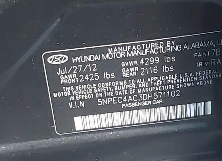 Photo 9 of 2013 Hyundai Sonata LIMITED (VIN 5NPEC4AC3DH571102)