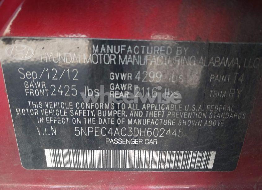 Photo 9 of 2013 Hyundai Sonata SE (VIN 5NPEC4AC3DH602445)