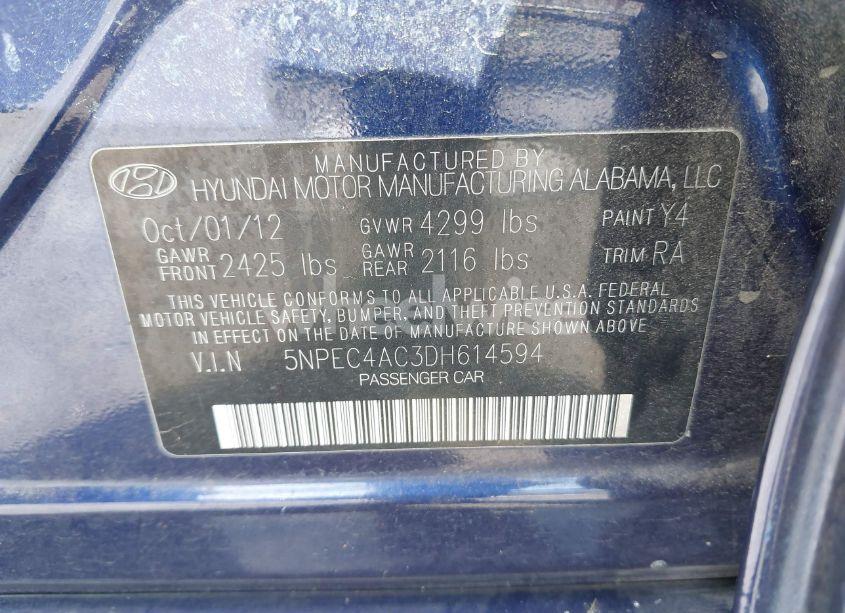 Photo 9 of 2013 Hyundai Sonata SE (VIN 5NPEC4AC3DH614594)