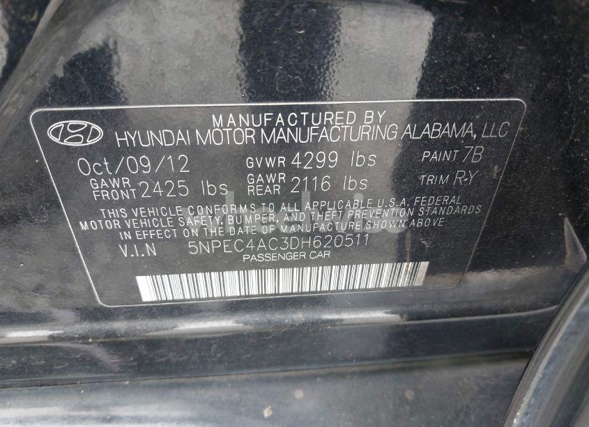 Photo 9 of 2013 Hyundai Sonata SE (VIN 5NPEC4AC3DH620511)