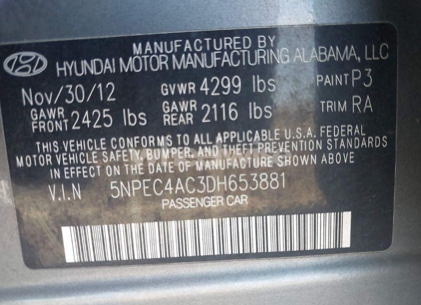 Photo 9 of 2013 Hyundai Sonata LIMITED (VIN 5NPEC4AC3DH653881)