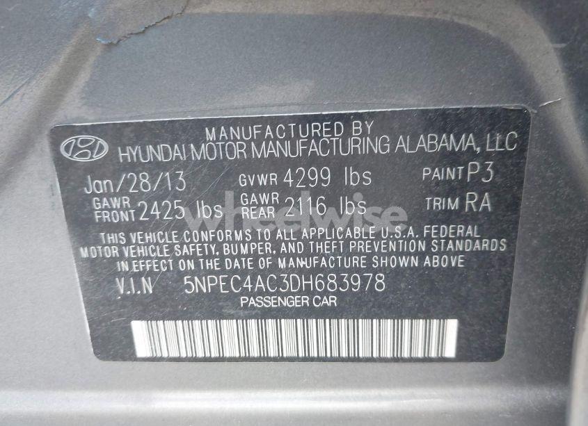 Photo 9 of 2013 Hyundai Sonata SE (VIN 5NPEC4AC3DH683978)