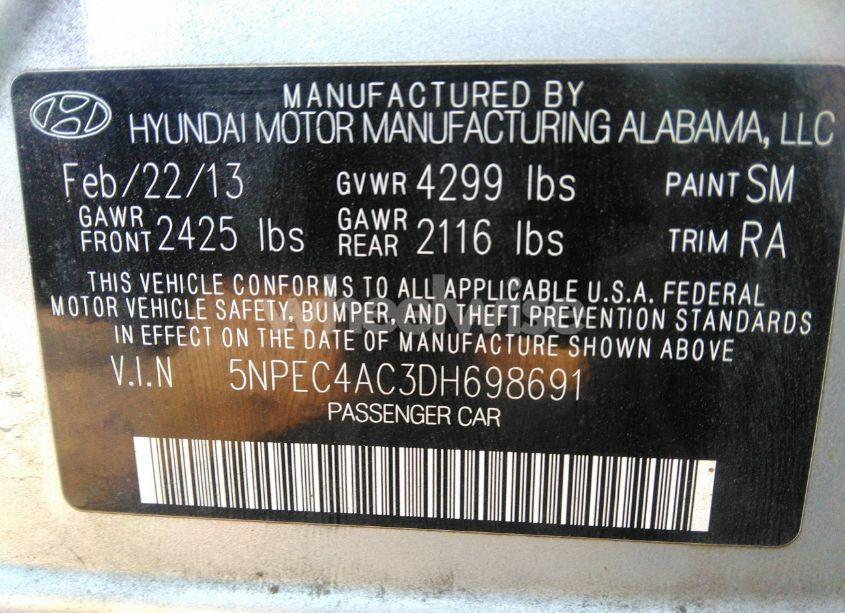 Photo 9 of 2013 Hyundai Sonata SE (VIN 5NPEC4AC3DH698691)