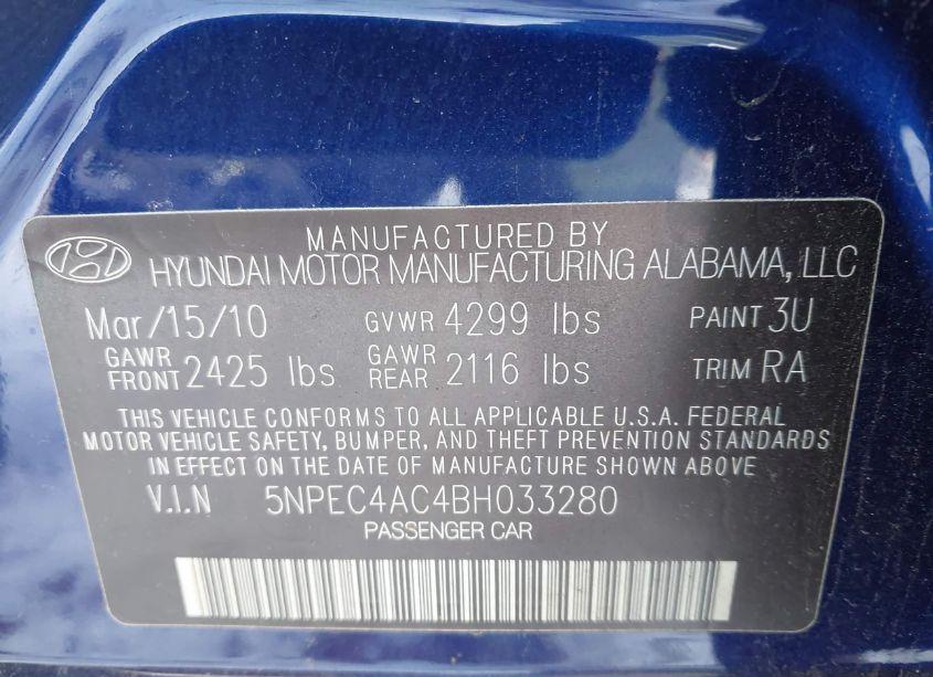 Photo 9 of 2011 Hyundai Sonata SE (VIN 5NPEC4AC4BH033280)