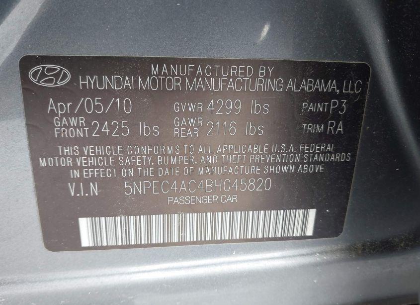 Photo 9 of 2011 Hyundai Sonata SE (VIN 5NPEC4AC4BH045820)