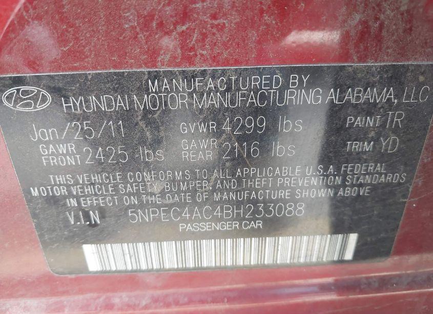 Photo 9 of 2011 Hyundai Sonata LIMITED (VIN 5NPEC4AC4BH233088)