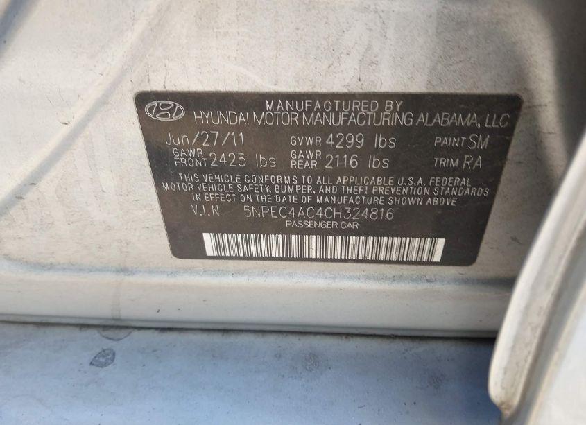 Photo 9 of 2012 Hyundai Sonata SE (VIN 5NPEC4AC4CH324816)