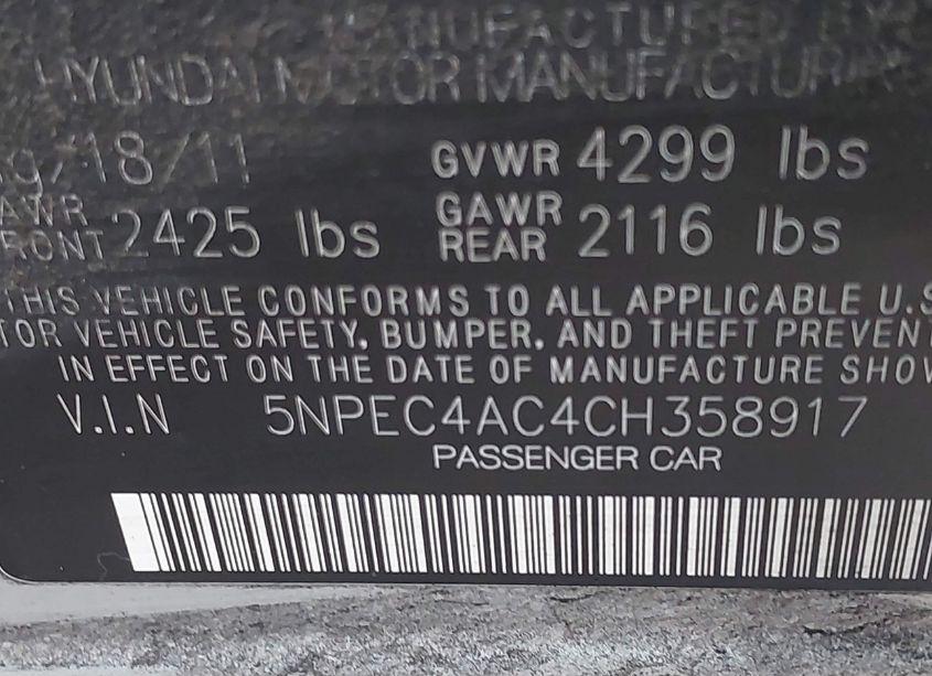 Photo 9 of 2012 Hyundai Sonata SE (VIN 5NPEC4AC4CH358917)