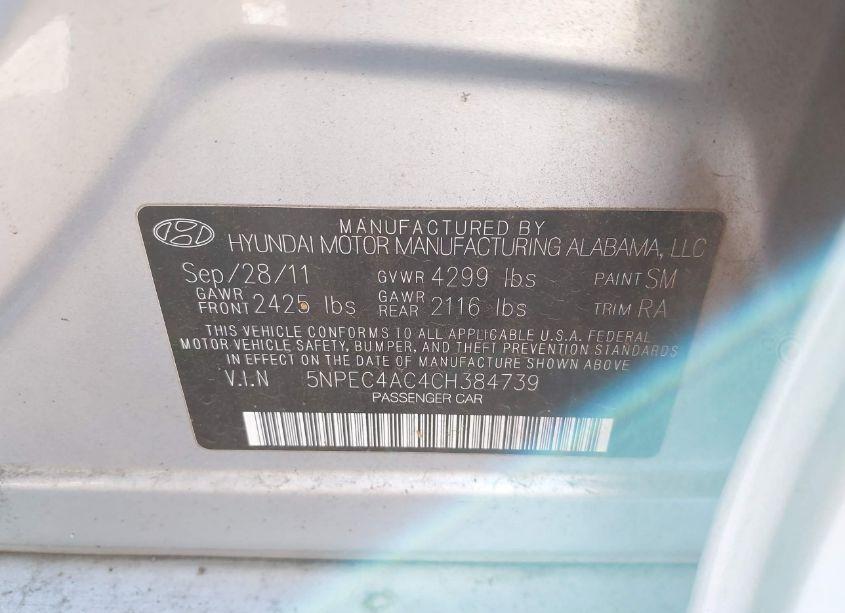 Photo 9 of 2012 Hyundai Sonata SE (VIN 5NPEC4AC4CH384739)