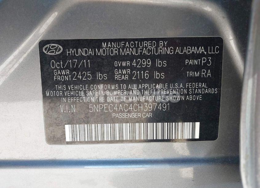 Photo 9 of 2012 Hyundai Sonata SE (VIN 5NPEC4AC4CH397491)