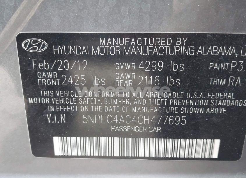 Photo 9 of 2012 Hyundai Sonata SE (VIN 5NPEC4AC4CH477695)