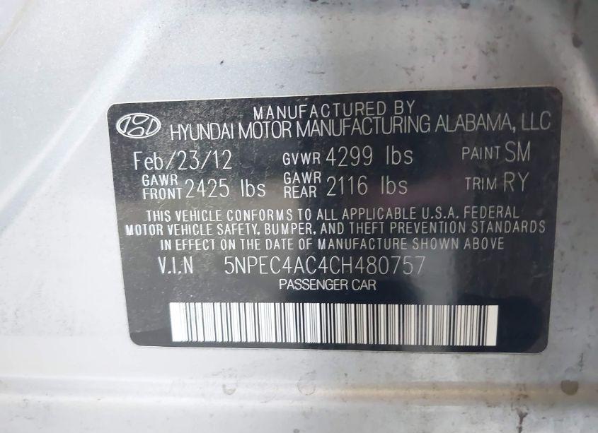 Photo 9 of 2012 Hyundai Sonata LIMITED (VIN 5NPEC4AC4CH480757)