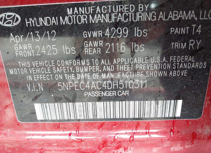 Photo 9 of 2013 Hyundai Sonata SE (VIN 5NPEC4AC4DH510311)