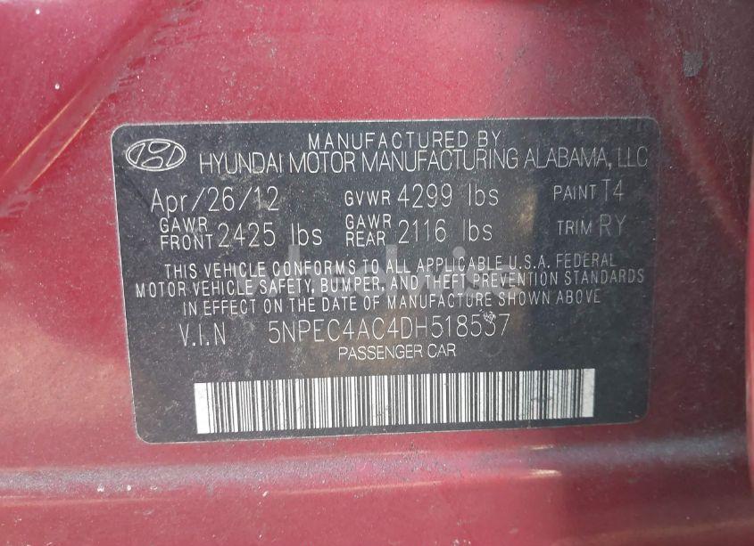 Photo 9 of 2013 Hyundai Sonata SE (VIN 5NPEC4AC4DH518537)