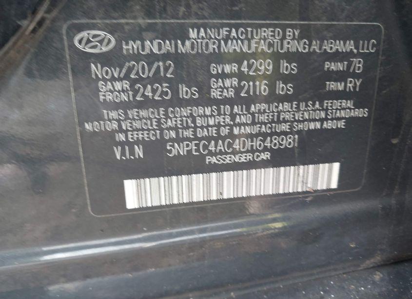 Photo 9 of 2013 Hyundai Sonata LIMITED (VIN 5NPEC4AC4DH648981)