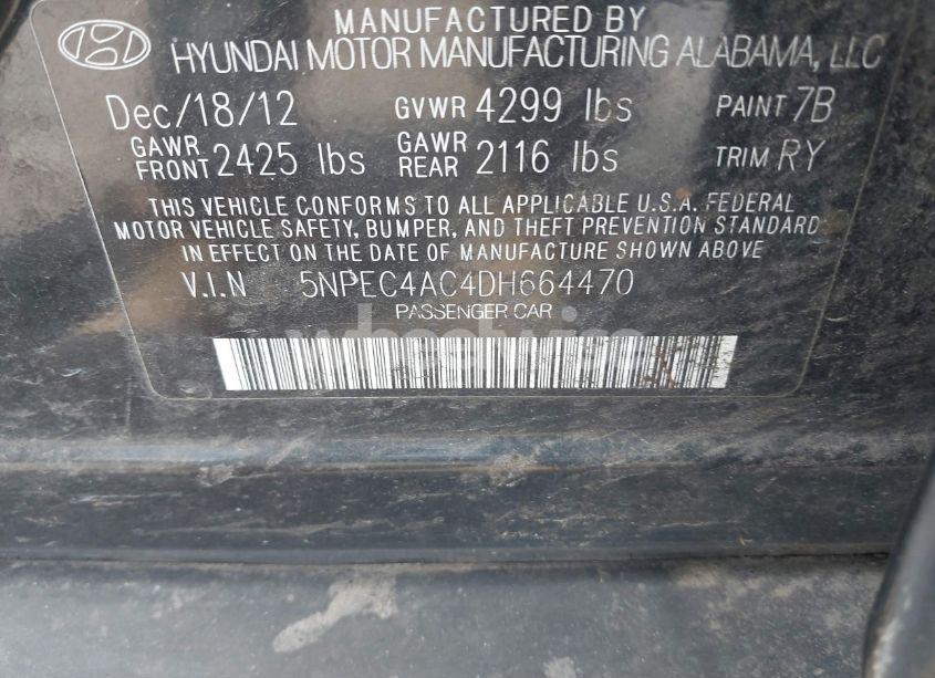 Photo 9 of 2013 Hyundai Sonata SE (VIN 5NPEC4AC4DH664470)