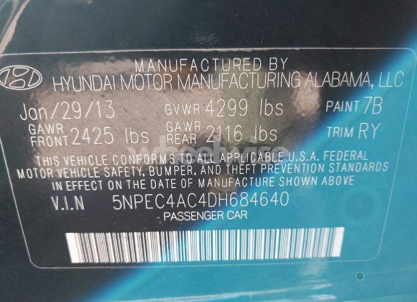 Photo 9 of 2013 Hyundai Sonata SE (VIN 5NPEC4AC4DH684640)