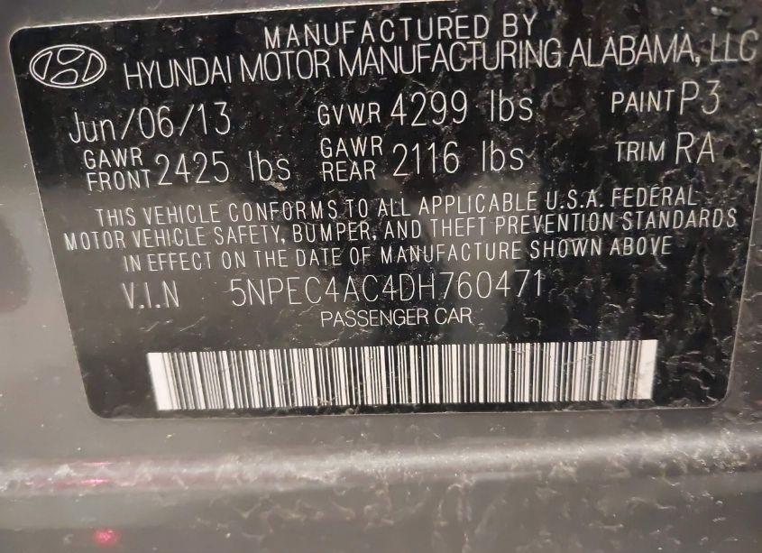 Photo 9 of 2013 Hyundai Sonata SE (VIN 5NPEC4AC4DH760471)