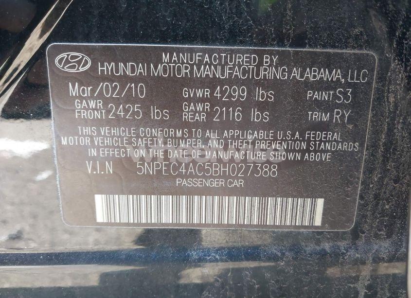 Photo 9 of 2011 Hyundai Sonata SE (VIN 5NPEC4AC5BH027388)