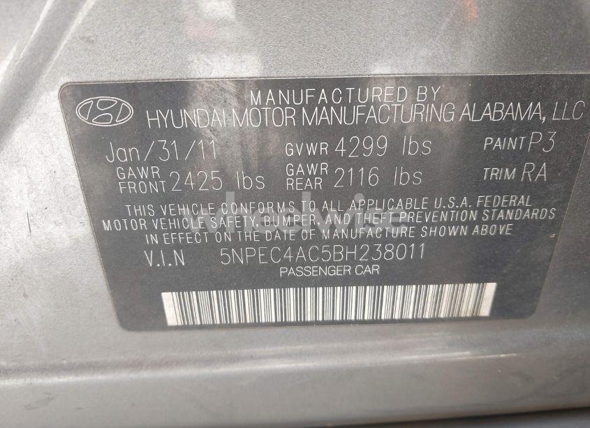Photo 9 of 2011 Hyundai Sonata SE (VIN 5NPEC4AC5BH238011)