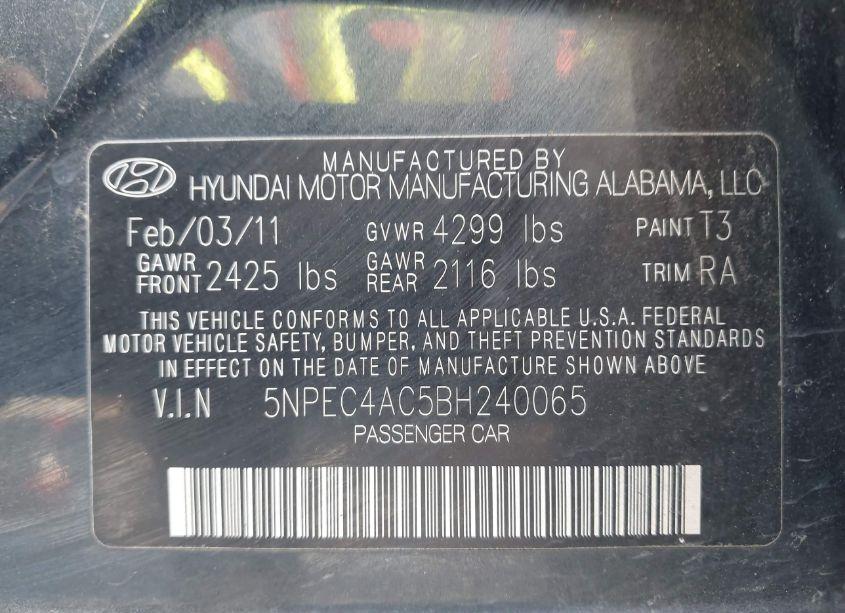 Photo 9 of 2011 Hyundai Sonata LIMITED (VIN 5NPEC4AC5BH240065)