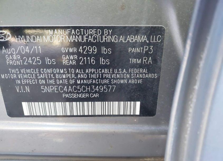 Photo 9 of 2012 Hyundai Sonata 2.4L LIMITED (VIN 5NPEC4AC5CH349577)