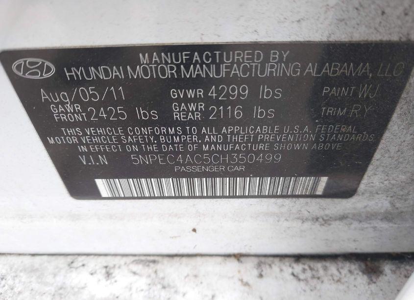 Photo 9 of 2012 Hyundai Sonata LIMITED (VIN 5NPEC4AC5CH350499)