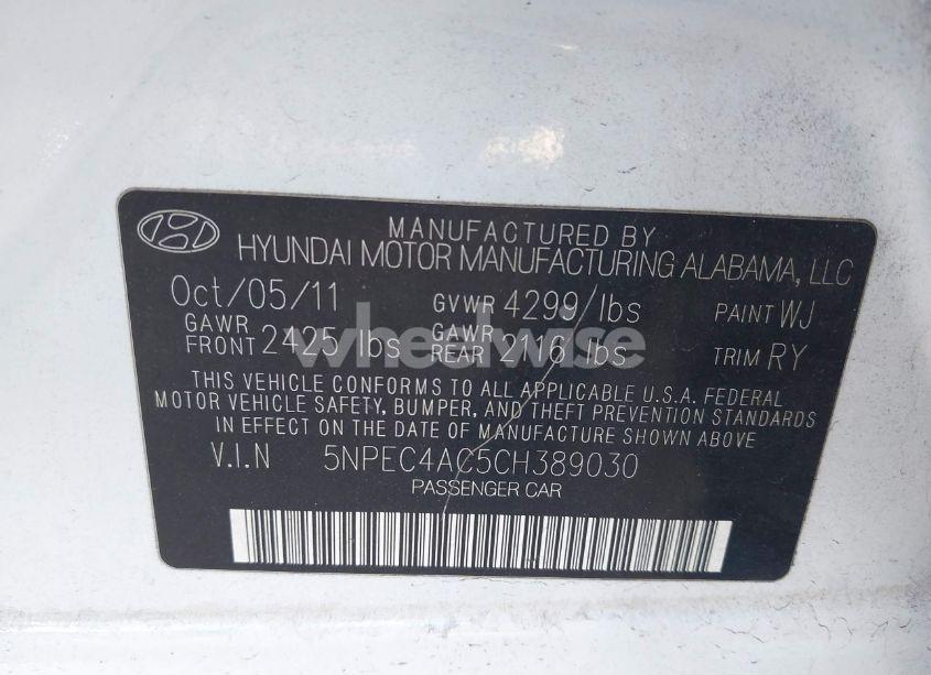 Photo 9 of 2012 Hyundai Sonata LIMITED (VIN 5NPEC4AC5CH389030)