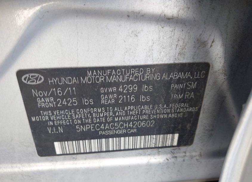 Photo 9 of 2012 Hyundai Sonata SE (VIN 5NPEC4AC5CH420602)