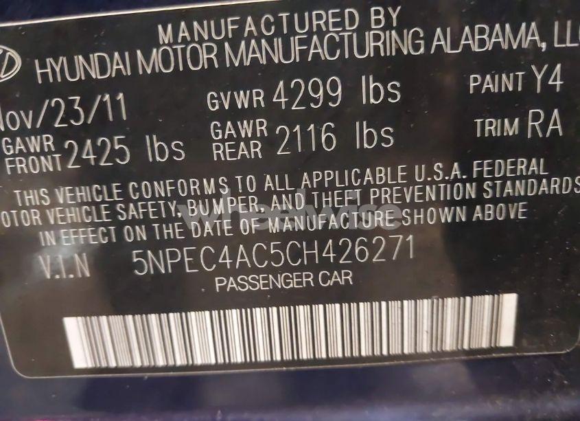 Photo 9 of 2012 Hyundai Sonata SE (VIN 5NPEC4AC5CH426271)