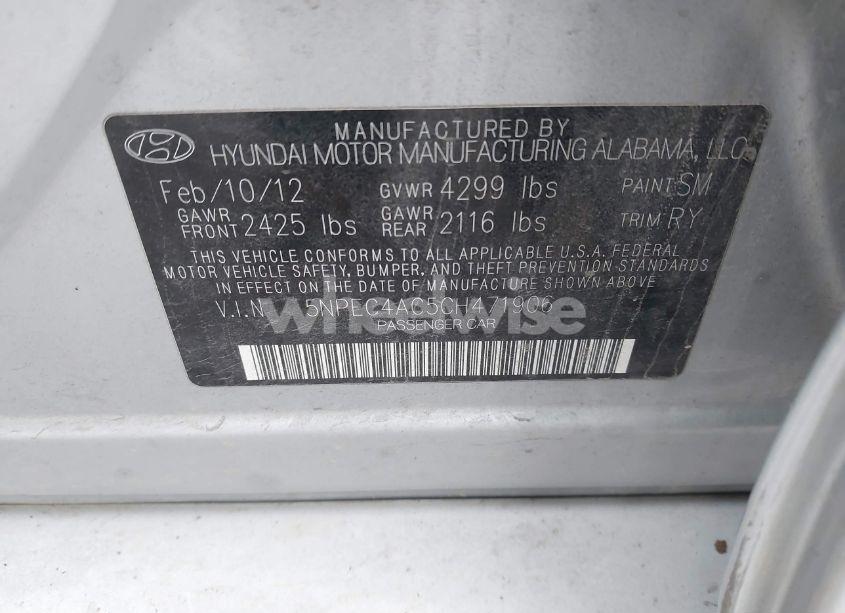 Photo 9 of 2012 Hyundai Sonata LIMITED (VIN 5NPEC4AC5CH471906)