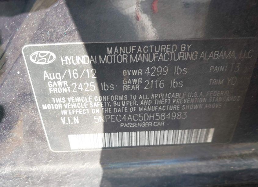 Photo 9 of 2013 Hyundai Sonata LIMITED (VIN 5NPEC4AC5DH584983)