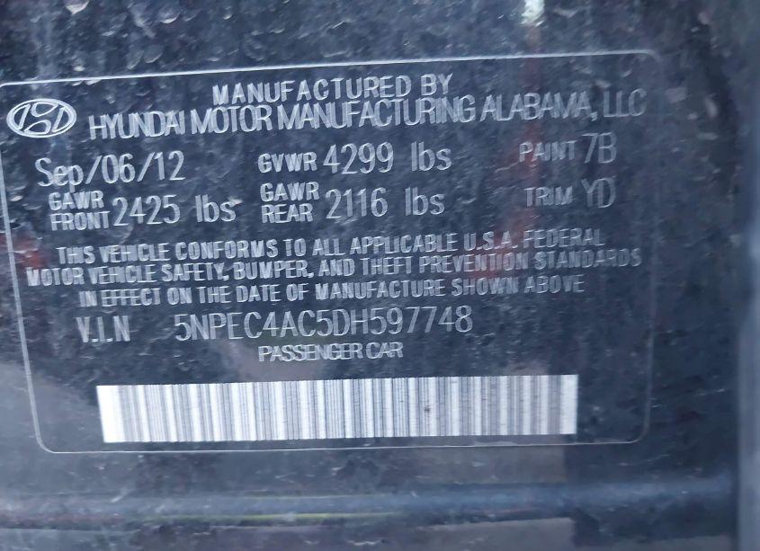 Photo 9 of 2013 Hyundai Sonata LIMITED (VIN 5NPEC4AC5DH597748)