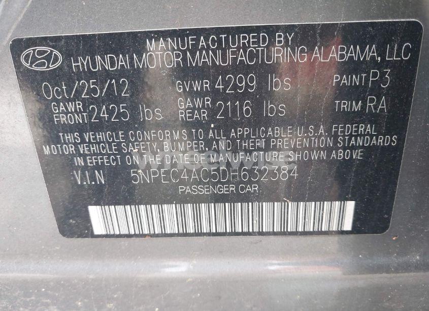 Photo 9 of 2013 Hyundai Sonata SE (VIN 5NPEC4AC5DH632384)