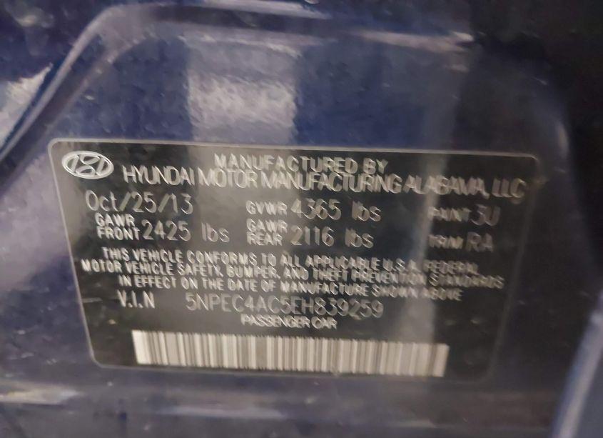 Photo 9 of 2014 Hyundai Sonata SE (VIN 5NPEC4AC5EH839259)