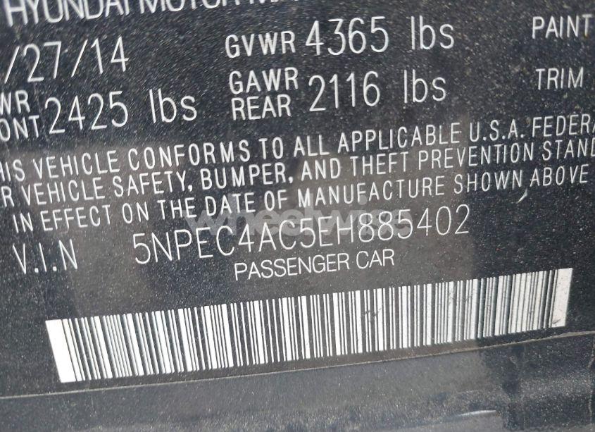 Photo 9 of 2014 Hyundai Sonata LIMITED (VIN 5NPEC4AC5EH885402)